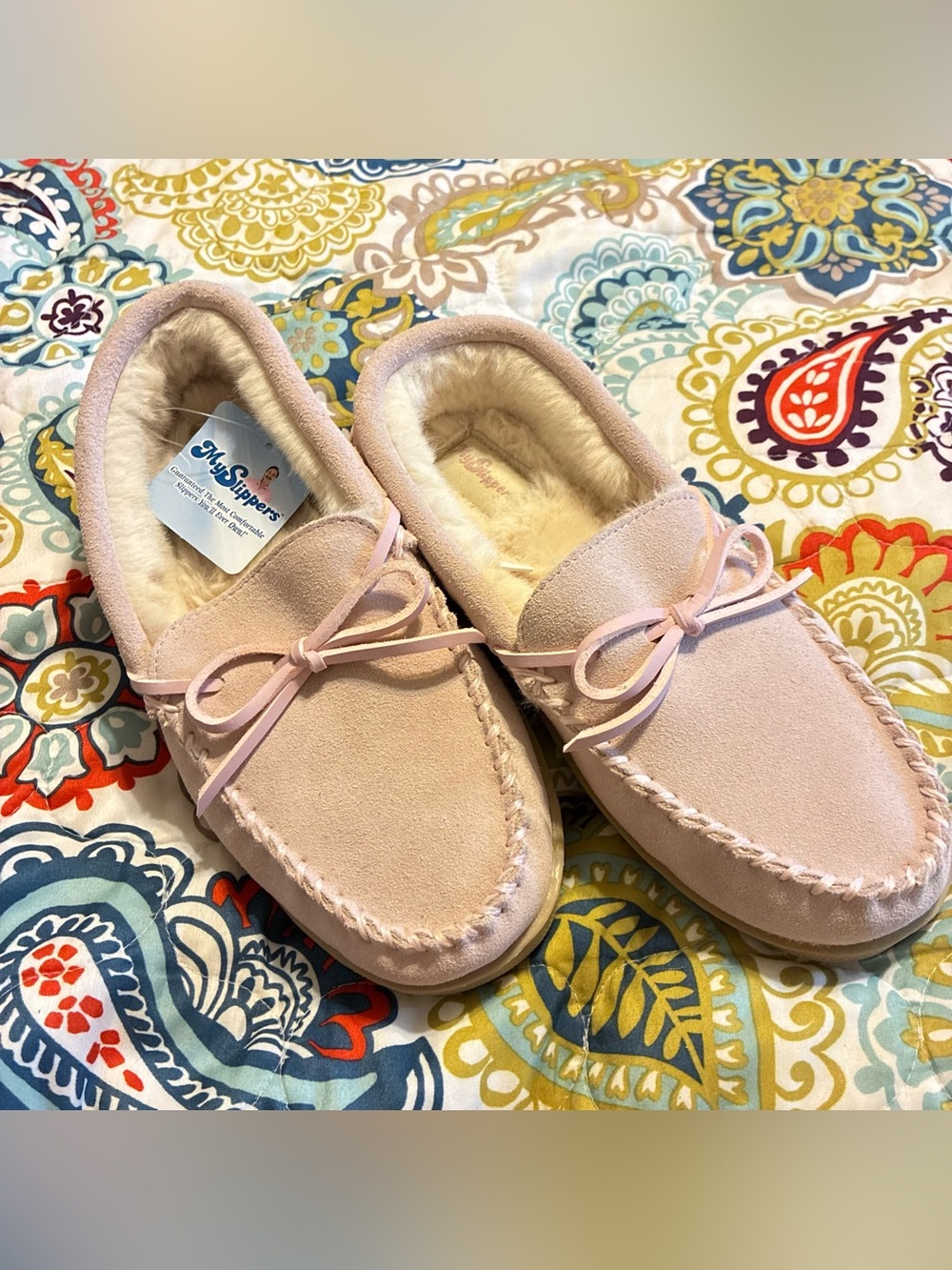 Women's Pink Suede Faux Fur Lined Moccasin Slippers
